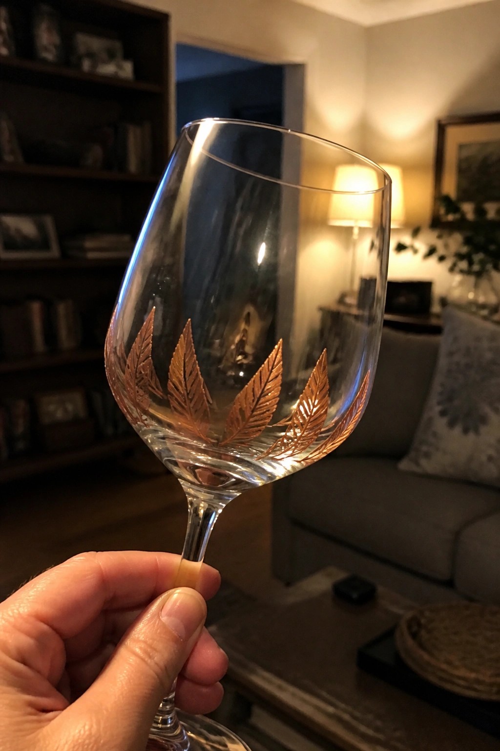Hand holding wine glass etched with copper leaves in living room