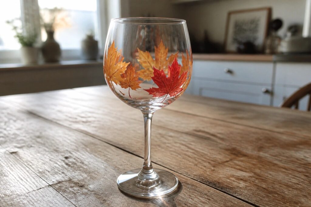 Clear stemmed wine glass with orange red autumn maple leaves on white wood table