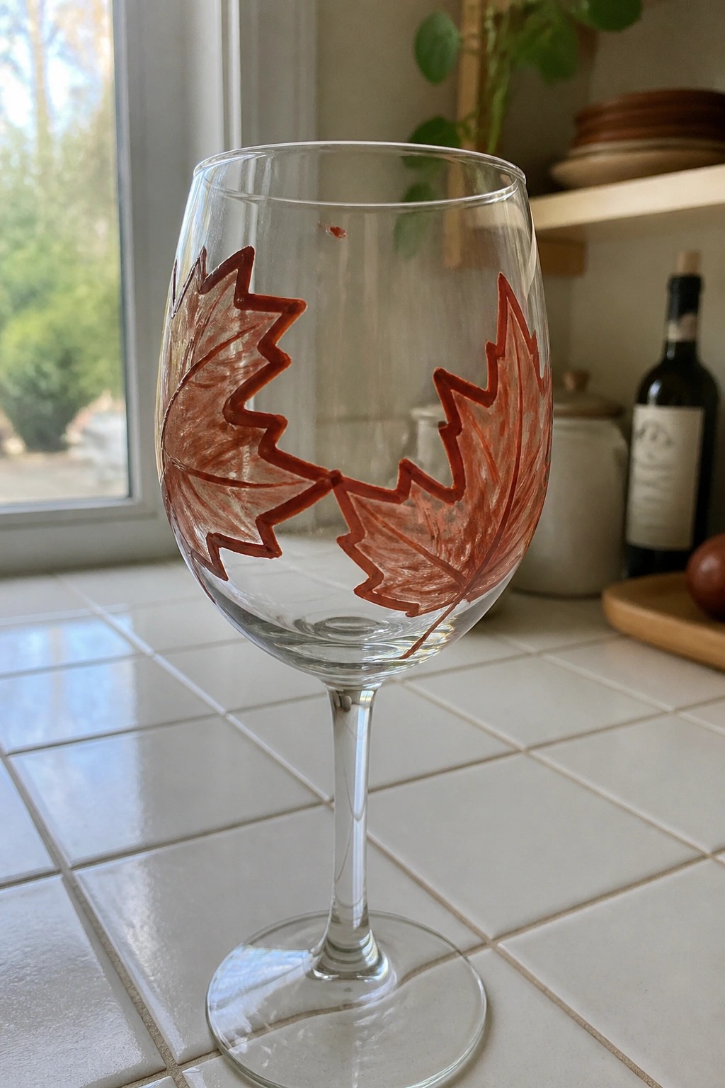 Clear wine glass with two red maple leaf designs on white tiled counter