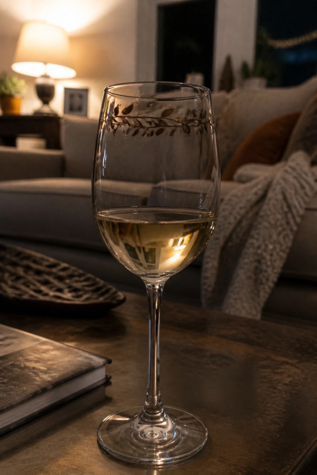 Wine glass with white wine and leaf etching on wooden table in living room