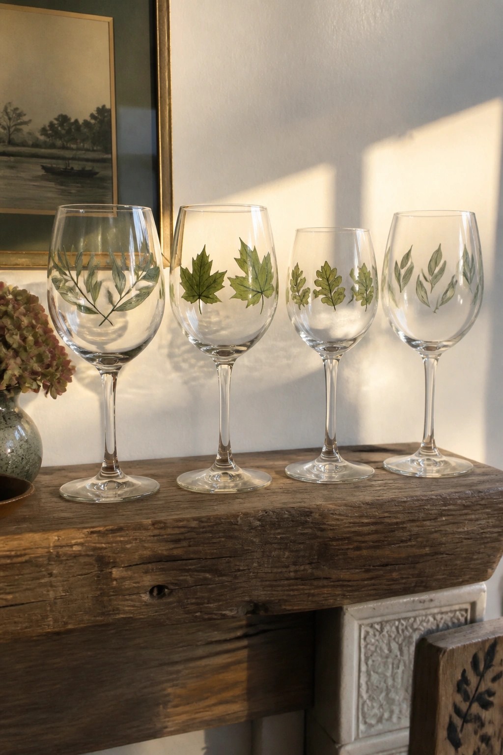 Four wine glasses with green leaf designs on rustic wooden mantel
