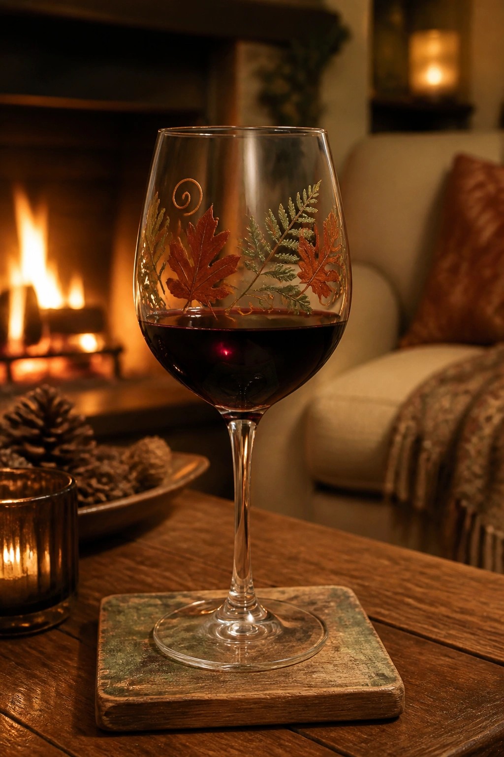 Wine glass etched with autumn leaves filled with red wine on wooden coaster