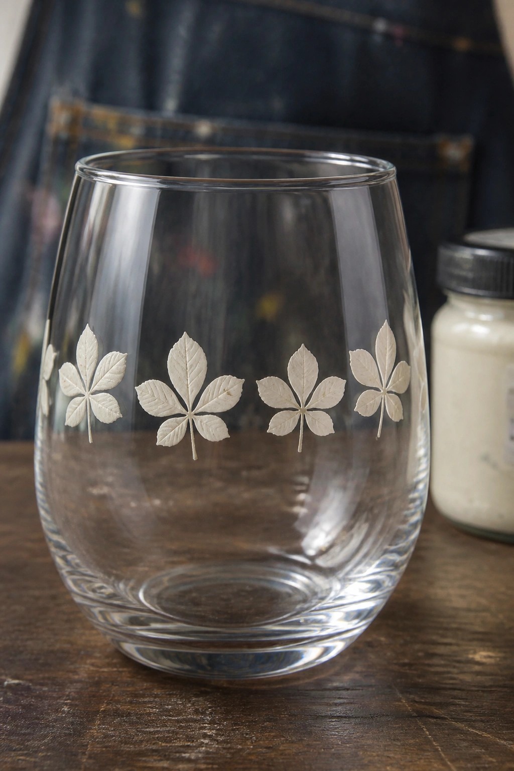 Clear stemless glass etched with white leaves on wooden table with blue apron