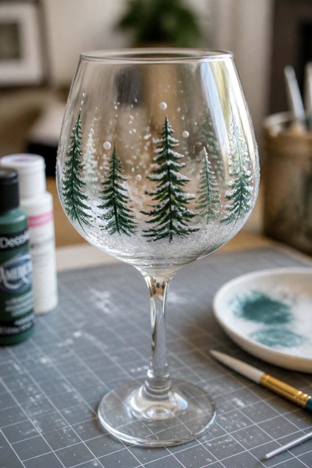 Wine glass hand-painted with green pine trees and white snow on gray mat