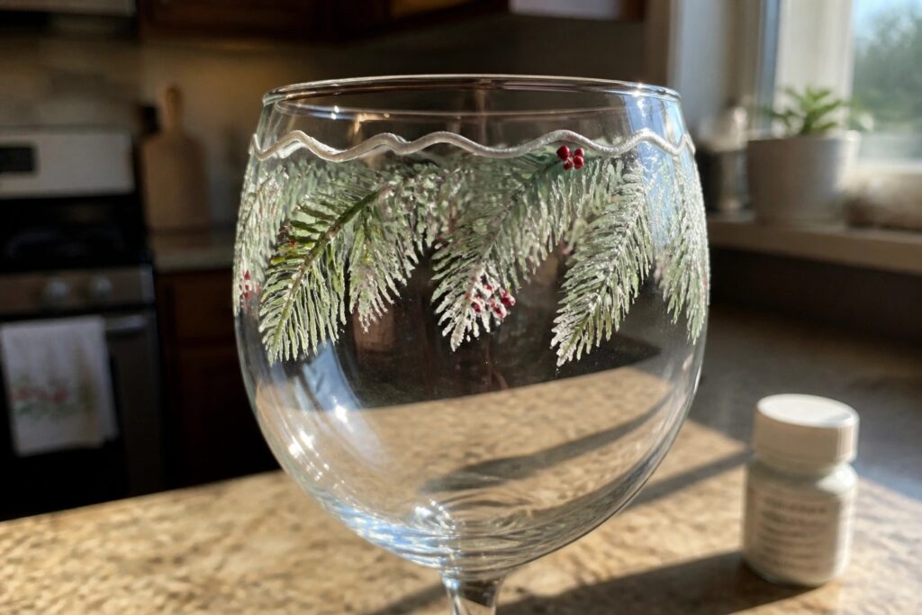 19 Classic Winter Wine Glass Designs Featuring Frosted Evergreen Borders Hand-painted wine glass with green pine branches, red berries on granite countertop