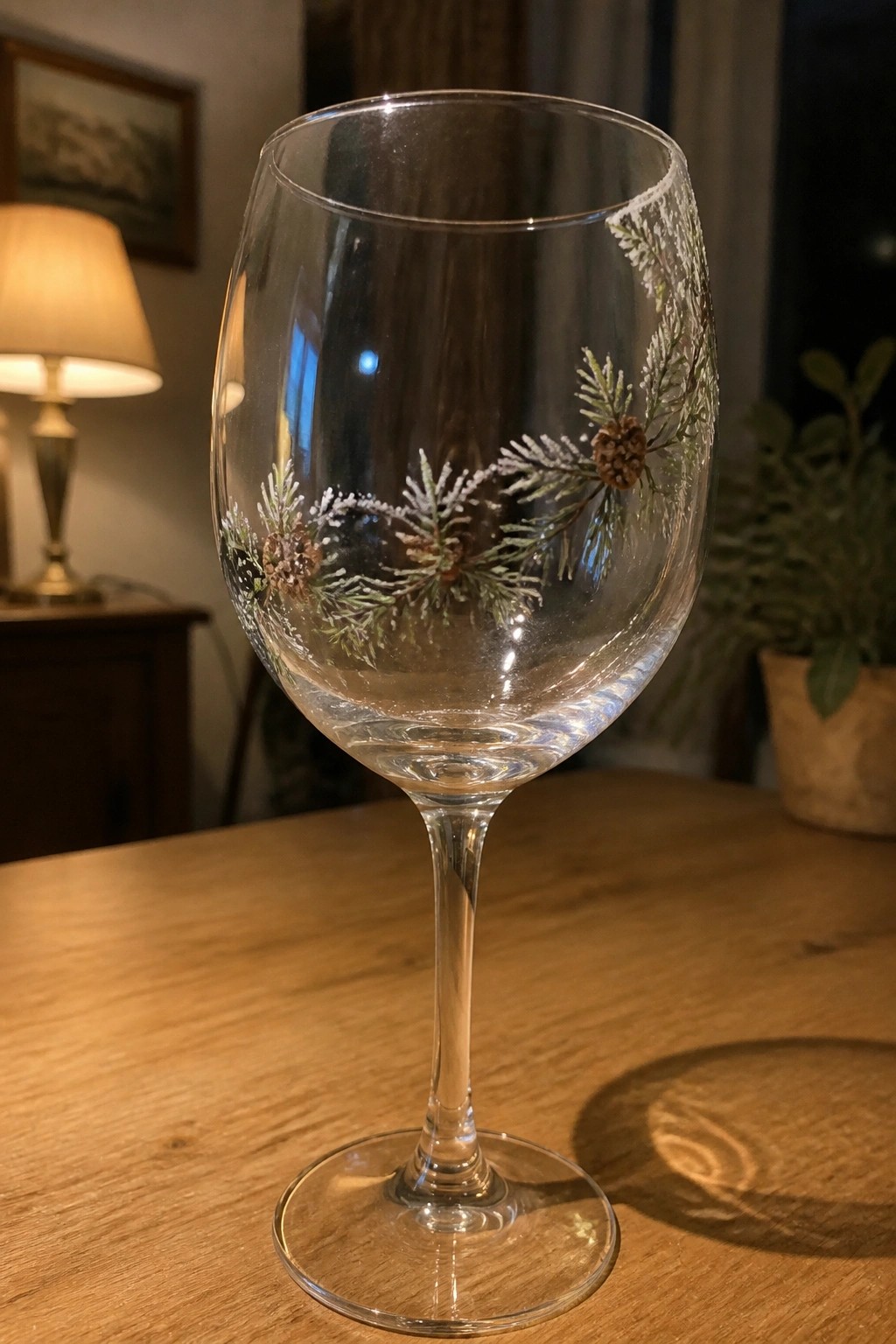 Wine glass with pine branches and cones on wooden table in warm light