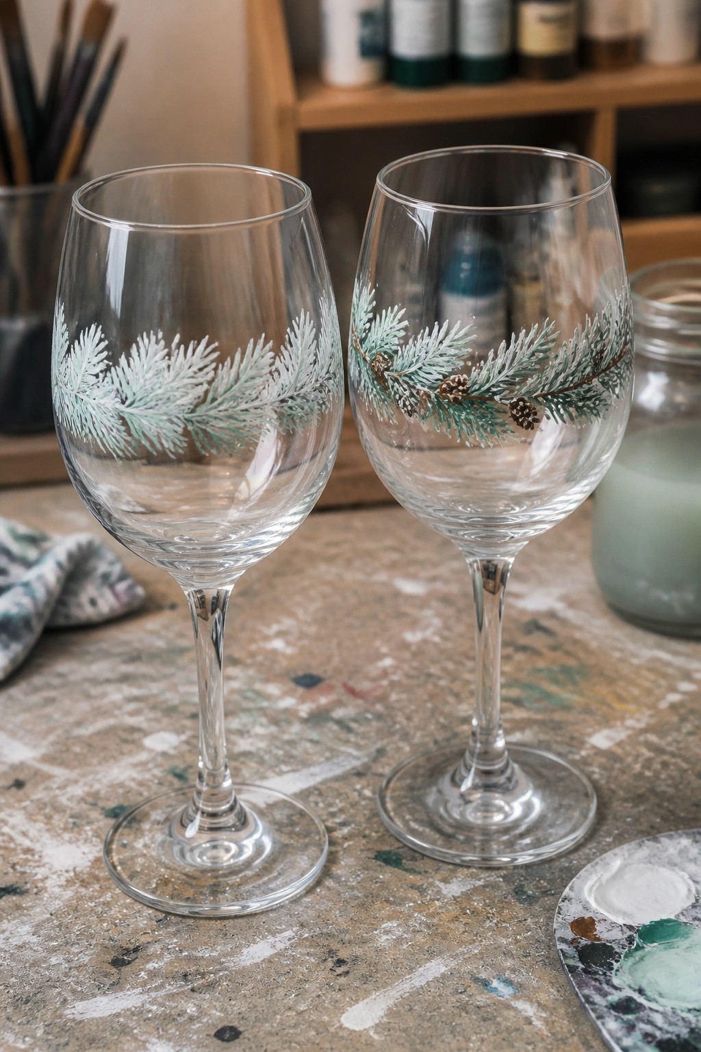 Two wine glasses with hand-painted green pine branches on rustic wooden table