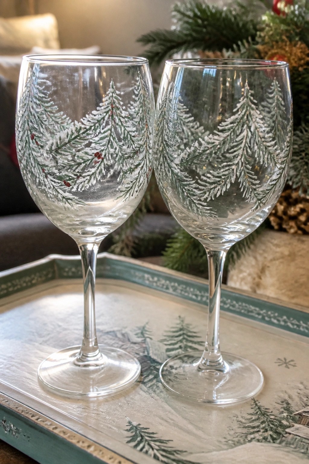 Two wine glasses with pine tree designs on a winter-themed tray.