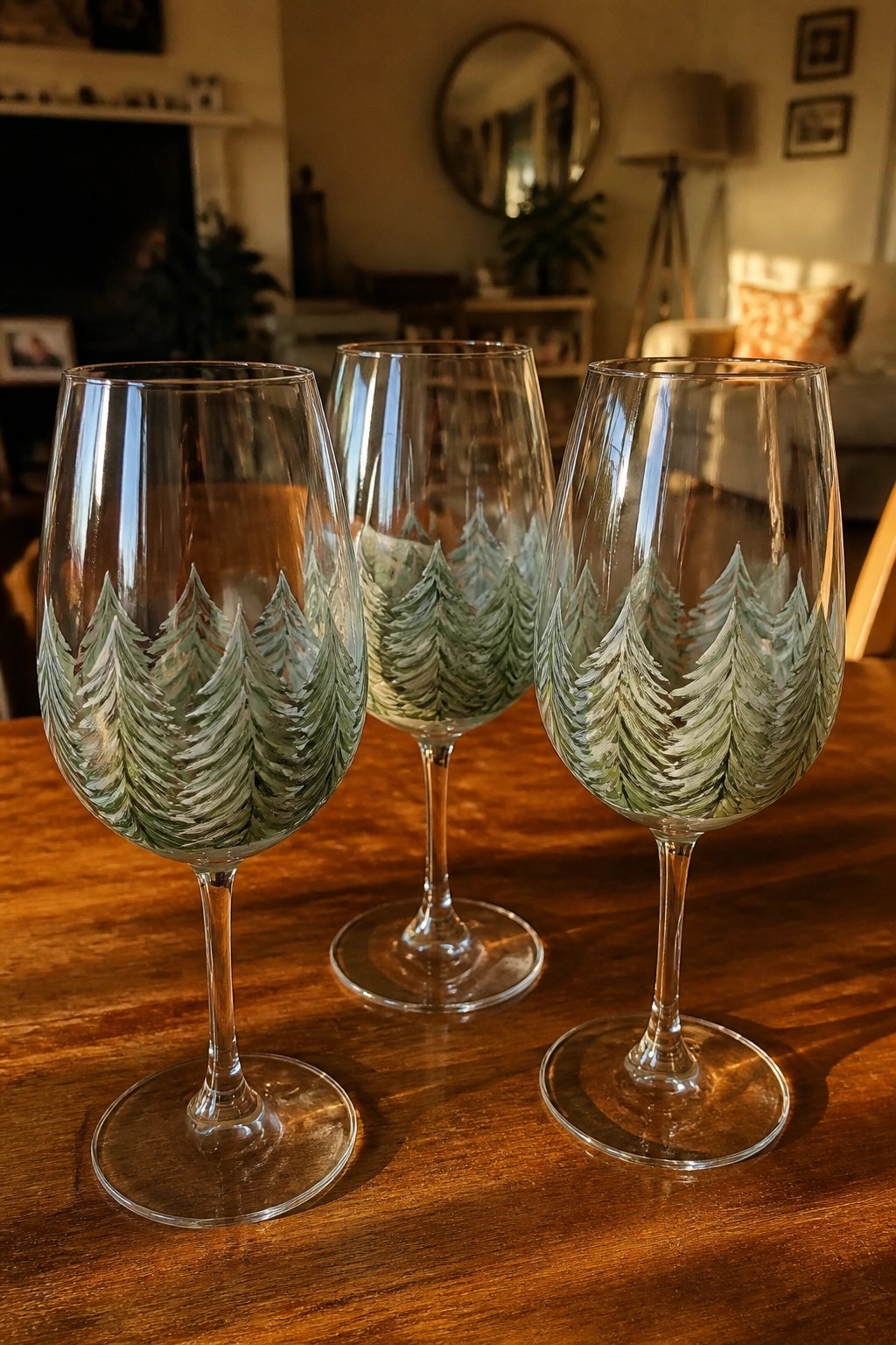 Three wine glasses with green and white painted pine trees on a wooden table