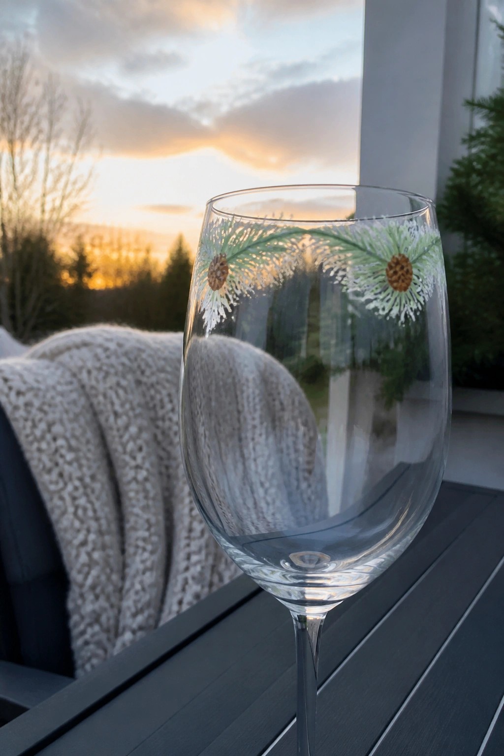 Wine glass painted with pine branches and cones beside white knit blanket at sunset.