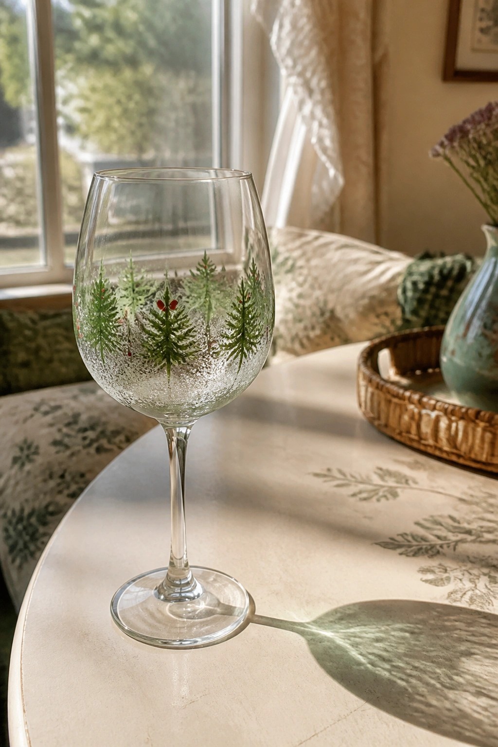 Frosted wine glass with green pine trees and red berries on sunlit table.