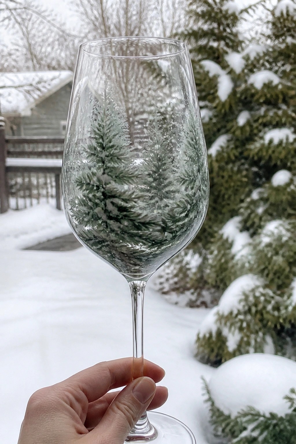 Hand holding wine glass etched with frosted pine trees in snowy landscape
