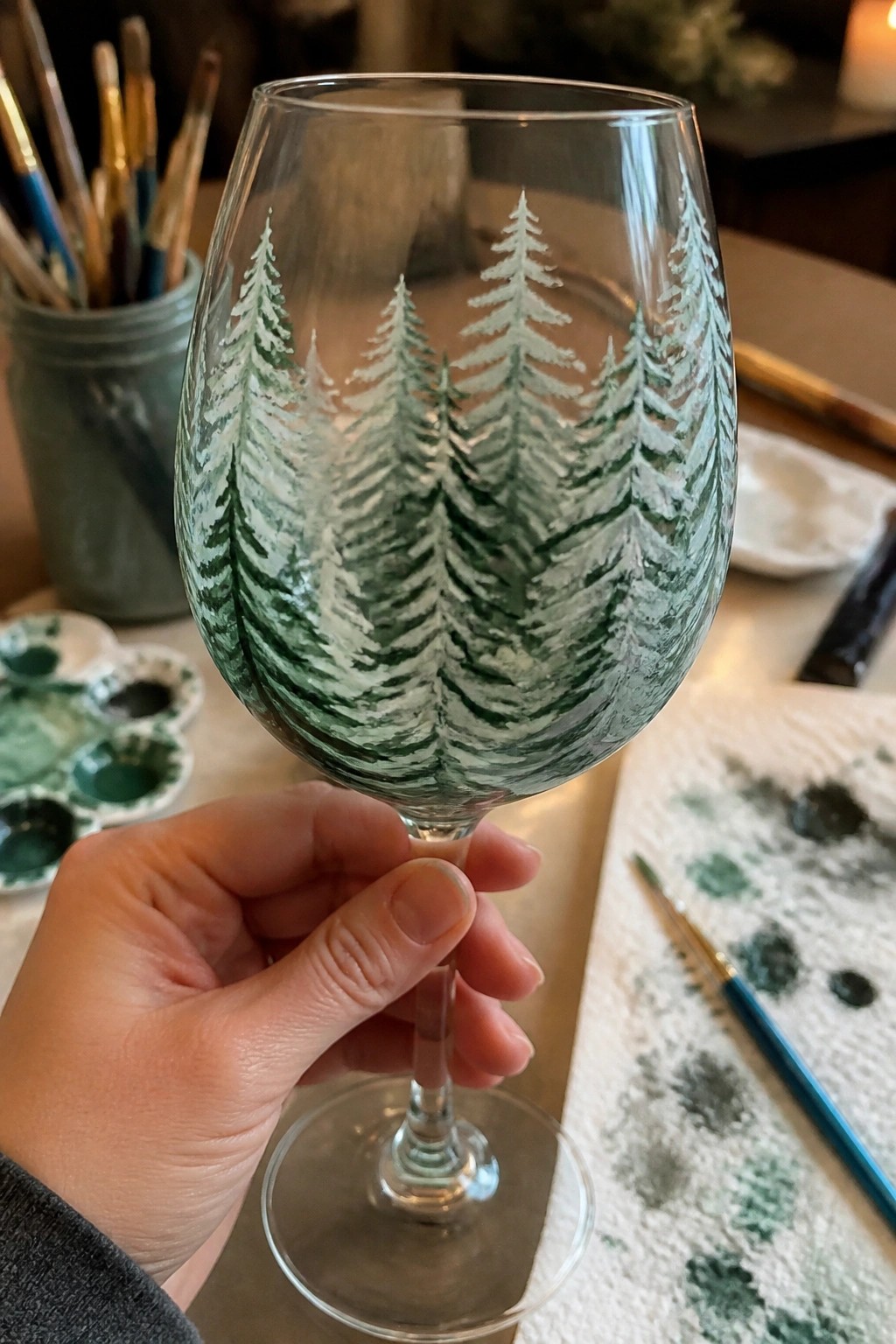 Hand holding wine glass painted with green pine tree forest amid art supplies.