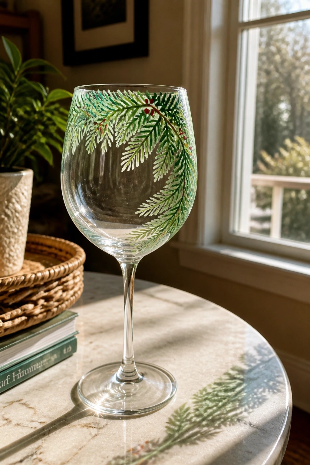 Hand-painted wine glass with pine branches and red berries on marble table