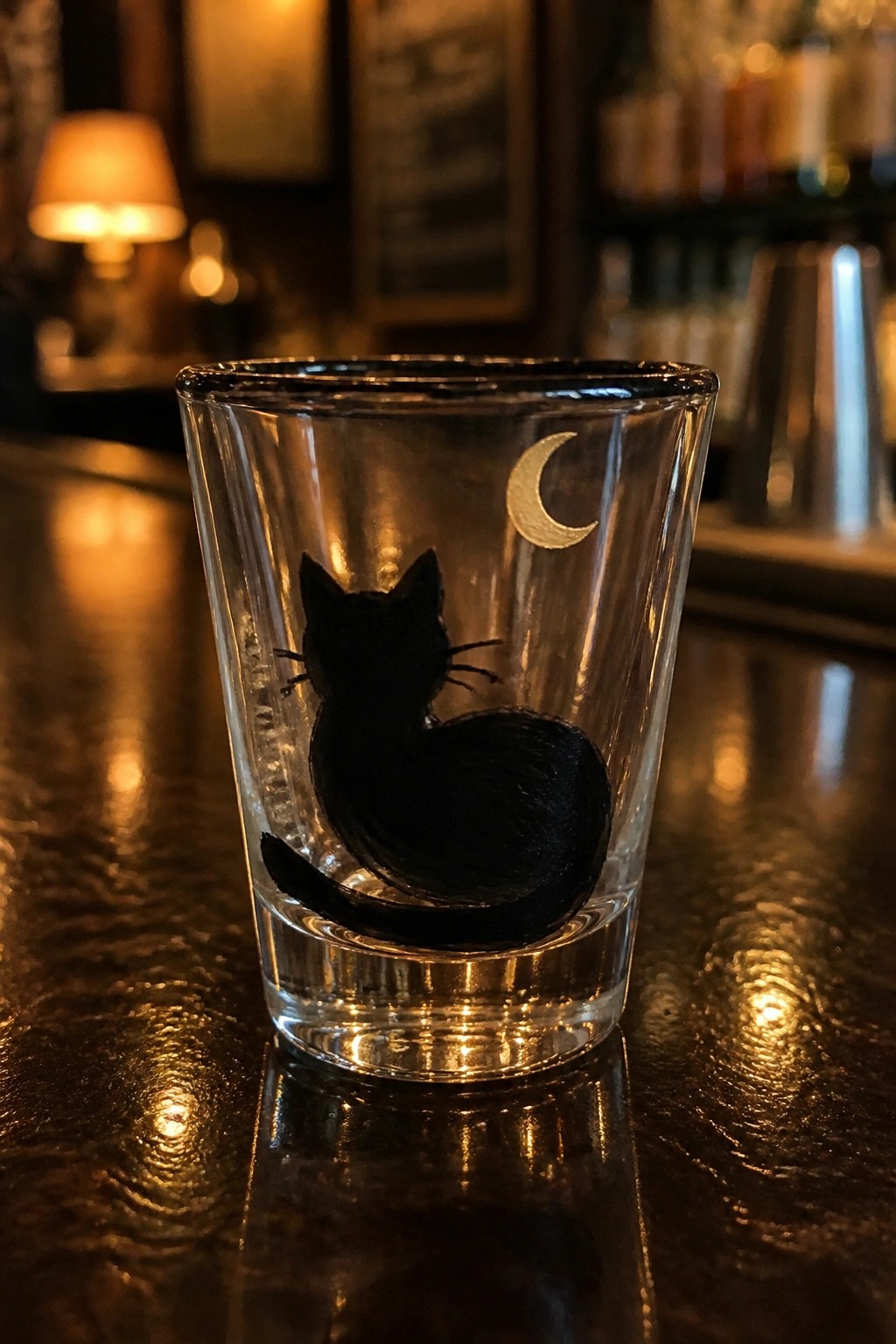 Clear shot glass with black cat silhouette and gold crescent moon on wooden bar