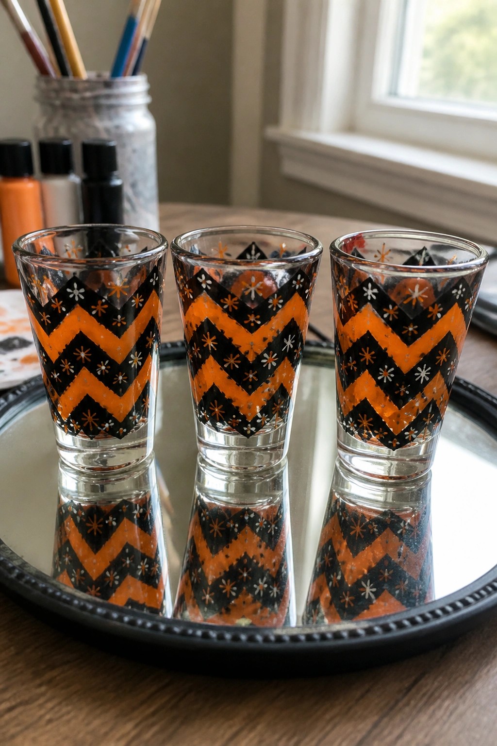 Three orange-and-black chevron-patterned shot glasses on a mirrored tray with reflections.