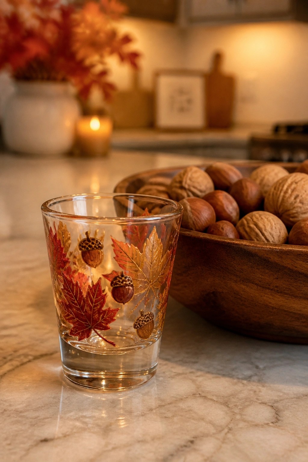 Glass tumbler with red maple leaves and acorns beside bowl of nuts on marble.