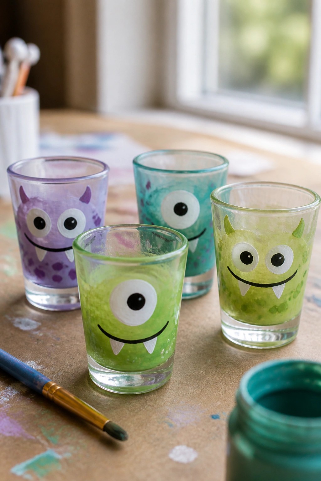 Four hand-painted monster glasses in green, purple, and teal on a craft table.