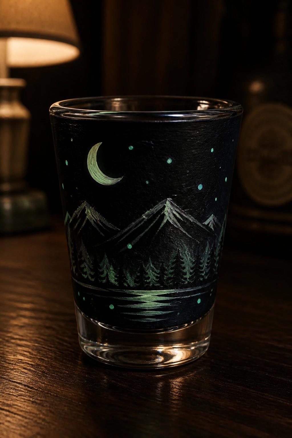 Glass tumbler painted with glowing green mountains, trees, crescent moon and stars.