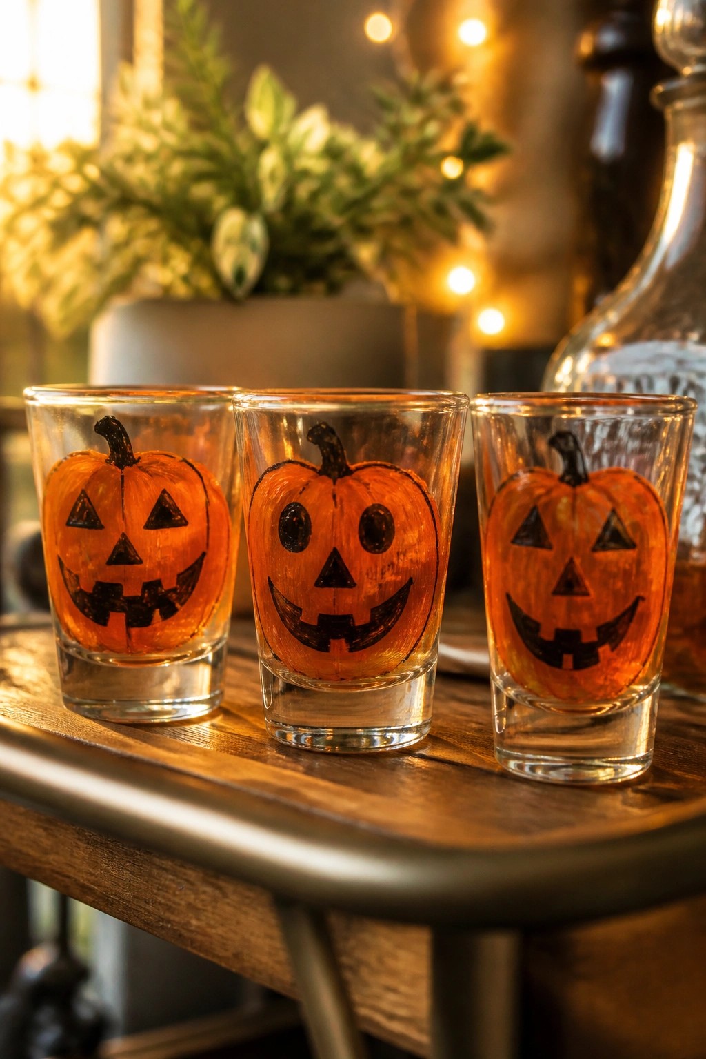 Three shot glasses with orange jack-o'-lantern faces on a wooden table