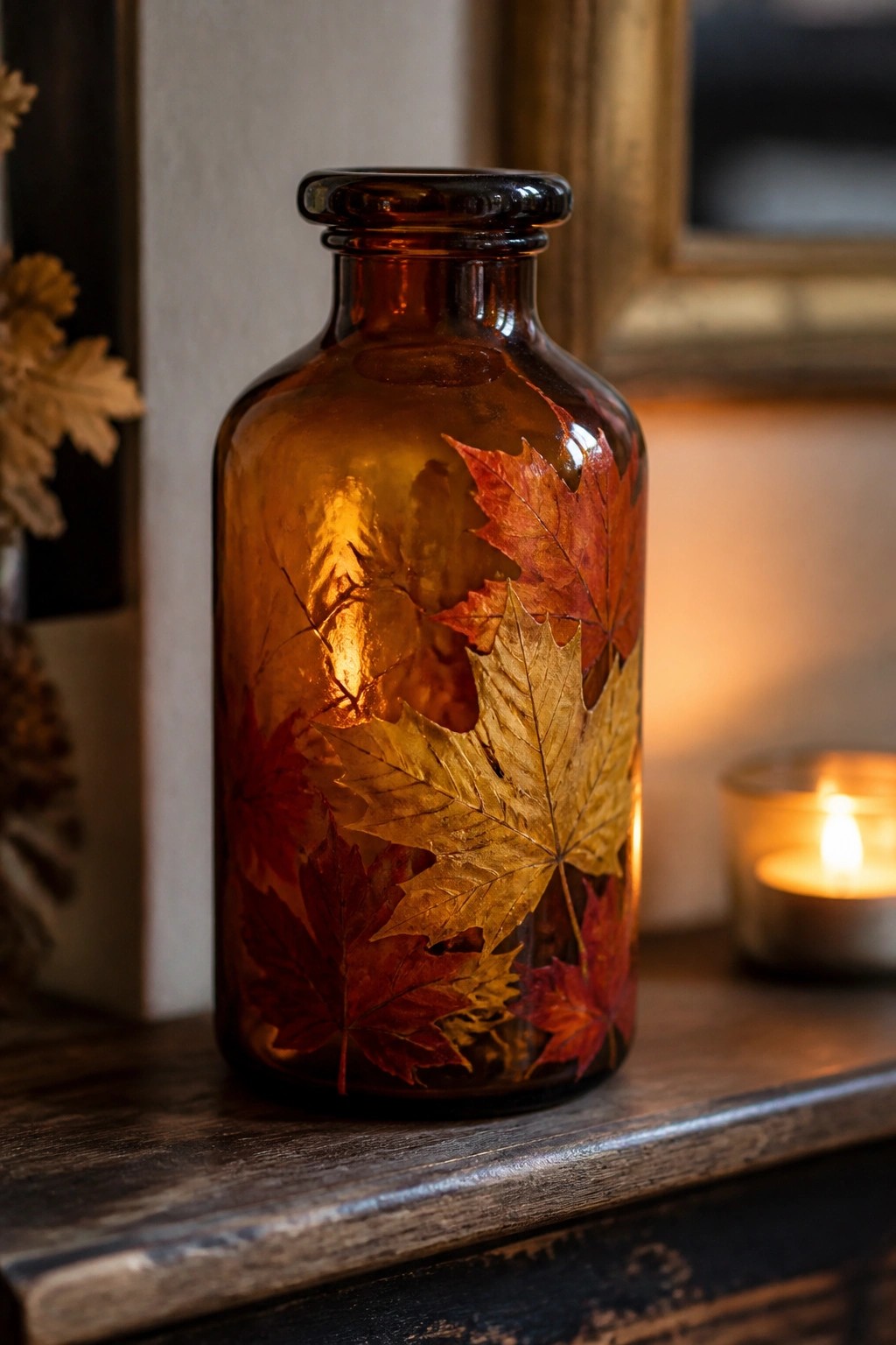 Amber glass bottle with red and gold autumn maple leaves on wooden table
