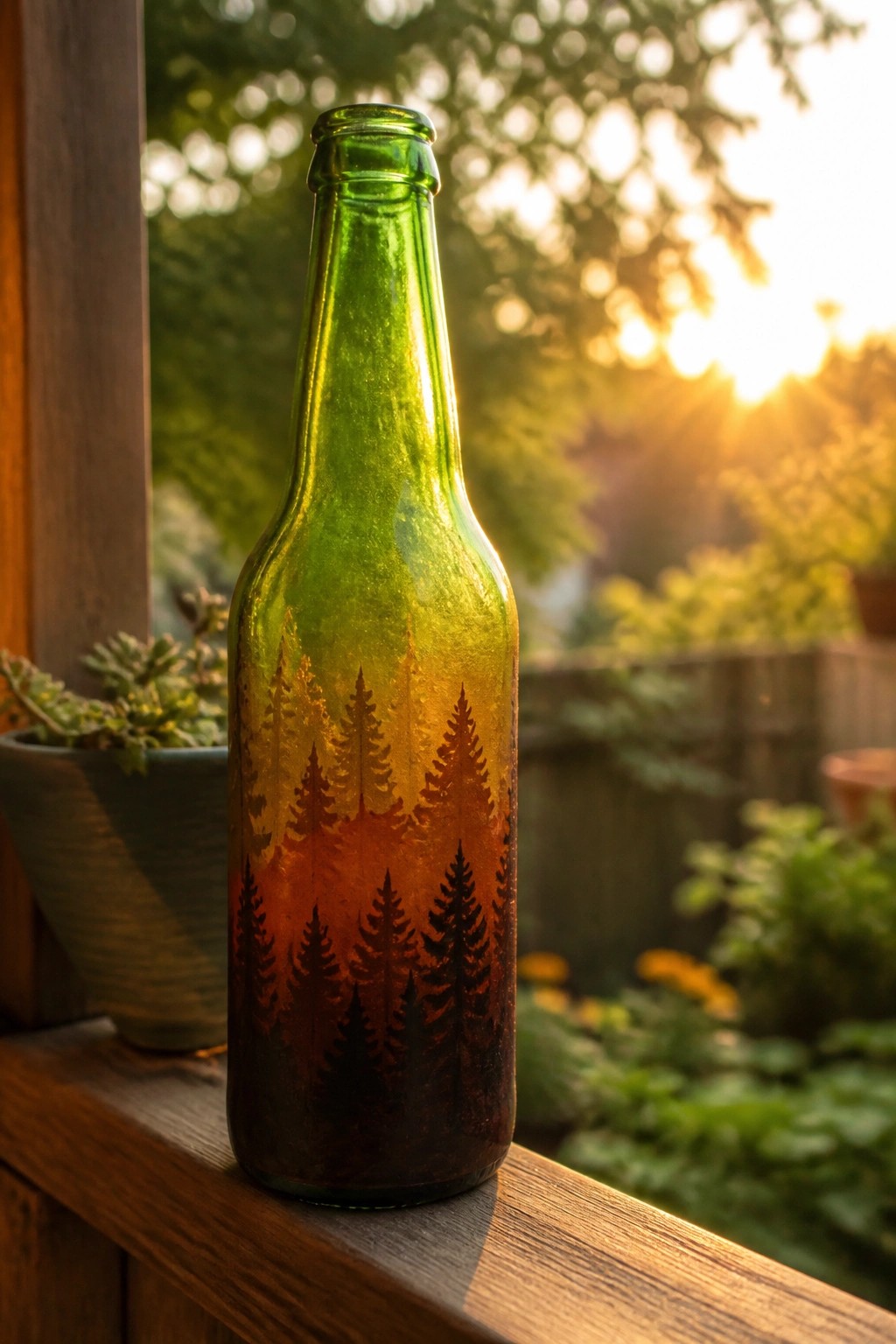 Green glass bottle with pine tree silhouettes in sunset colors on wooden windowsill.