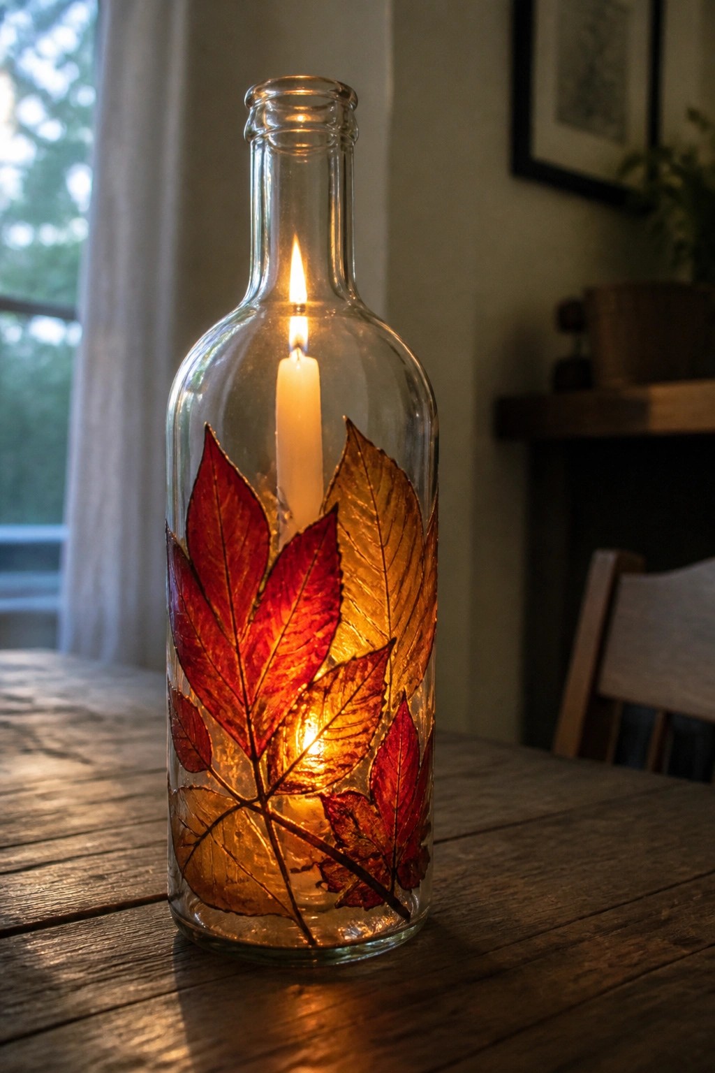 Lit candle glows inside glass bottle adorned with red and gold autumn leaves.