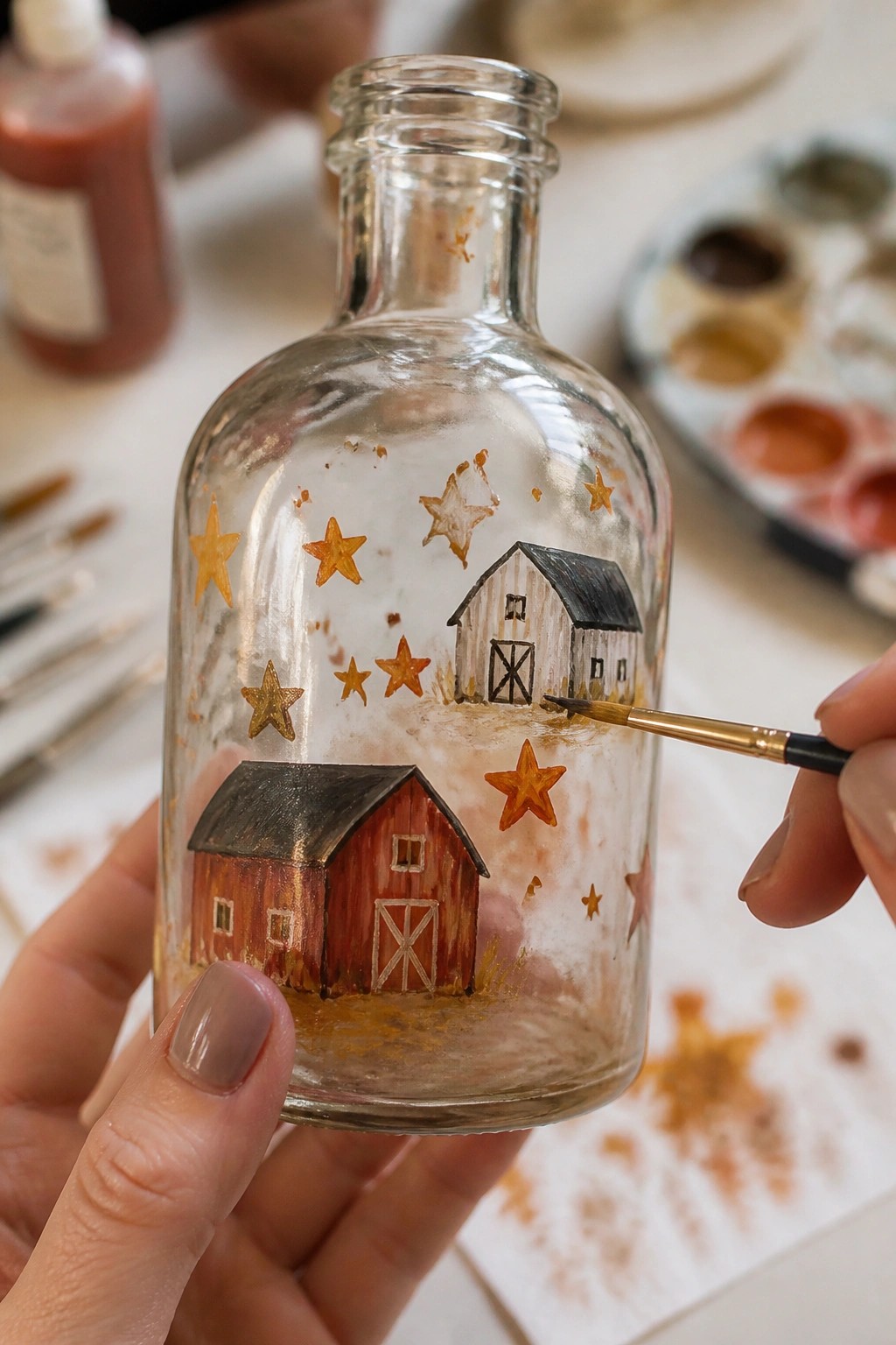 Hands painting red barns and golden stars on a clear glass bottle.