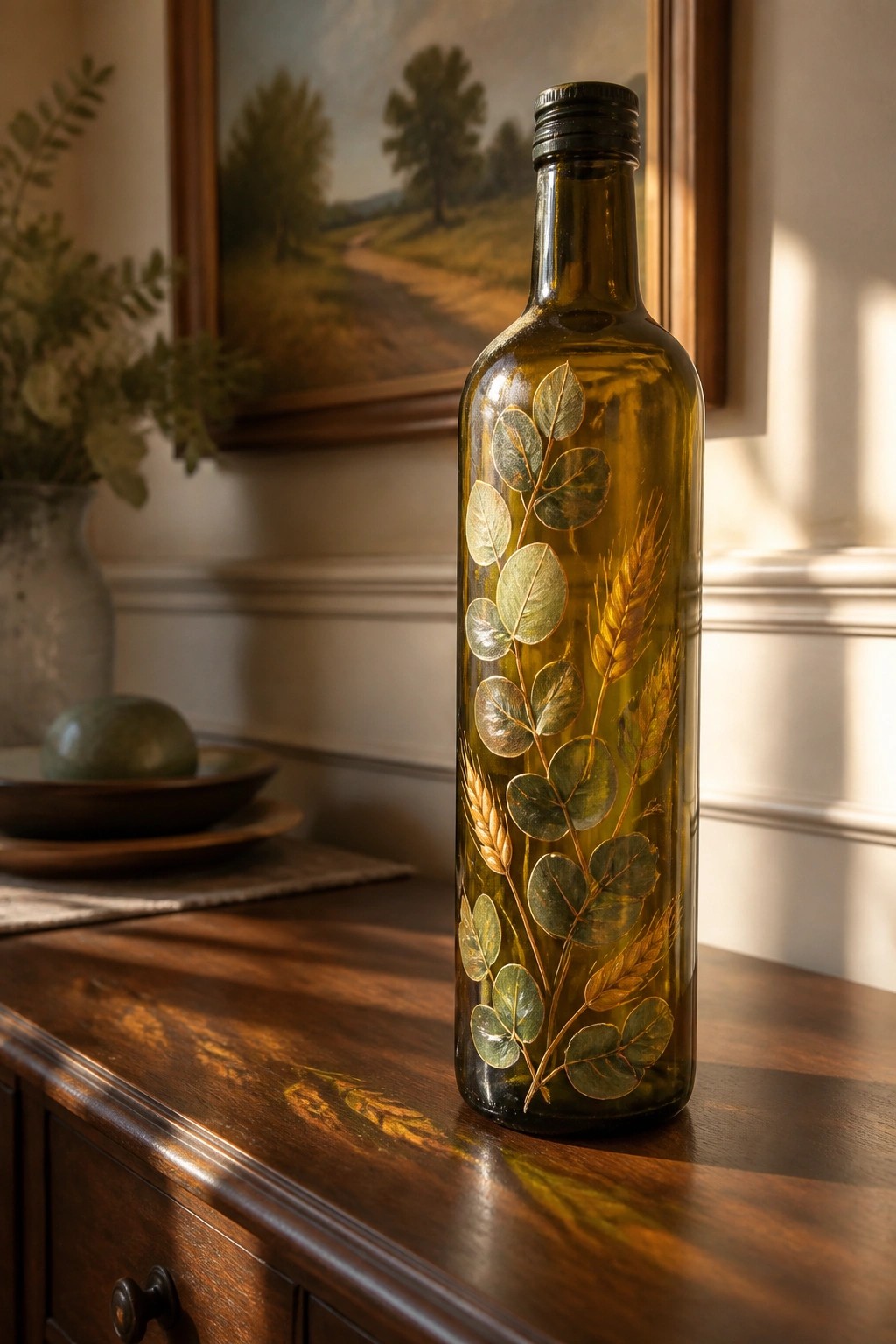 Amber glass bottle with gold eucalyptus leaves and wheat on wooden table