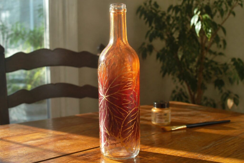 19 Cozy Fall Glass Bottle Painting Ideas Featuring Warm Autumn Colors Glass bottle with red-orange leaf and gold veins on wooden table beside paintbrush