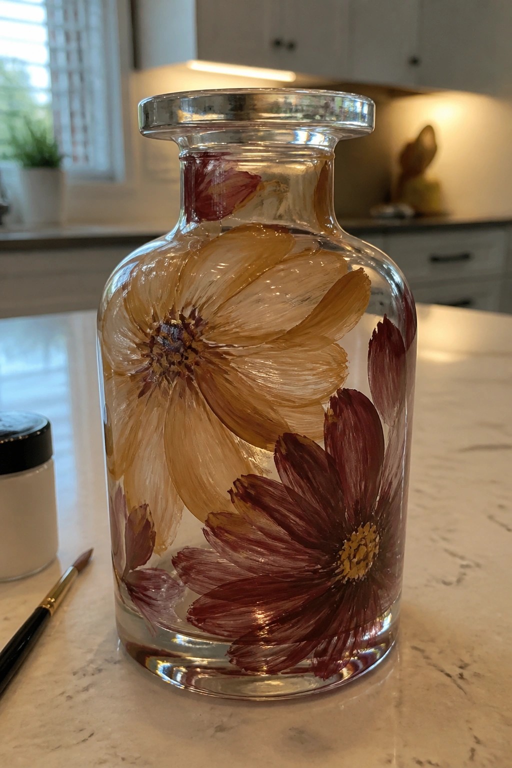 Glass vase hand-painted with large brown and maroon flowers on marble counter