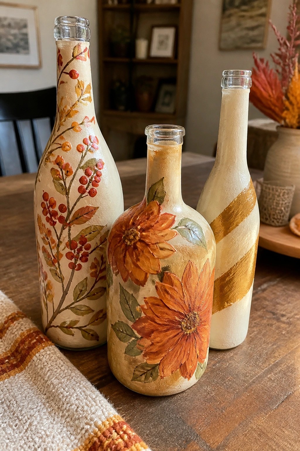 Three cream-colored bottles painted with autumn berries, sunflowers, and gold stripes