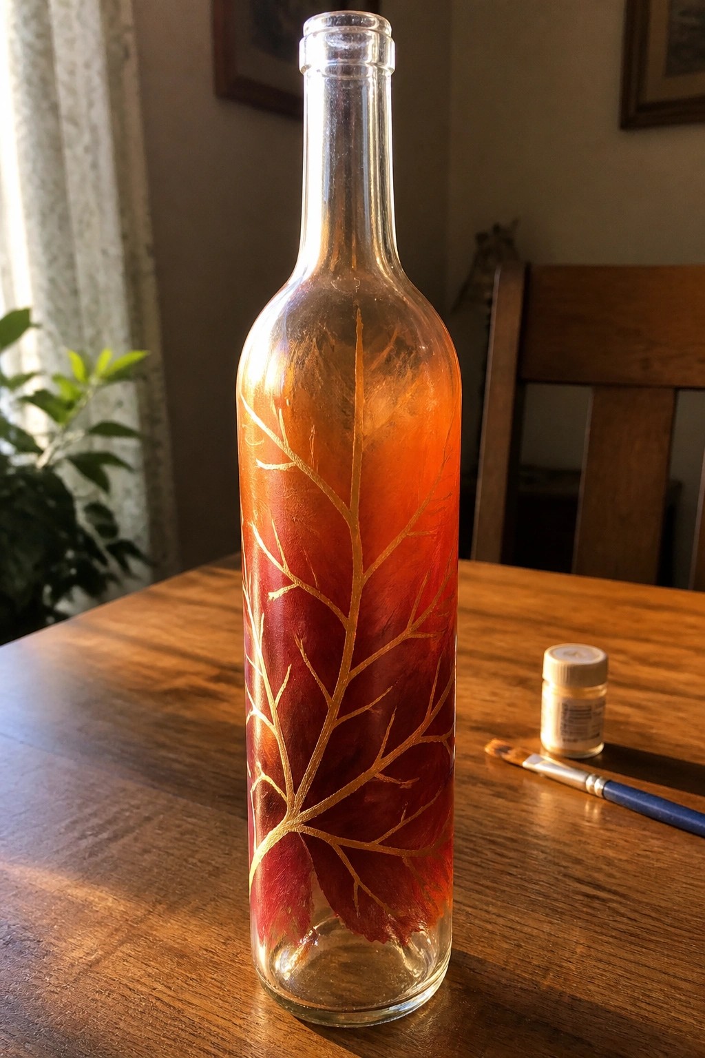 Glass bottle with red-orange leaf and gold veins on wooden table beside paintbrush