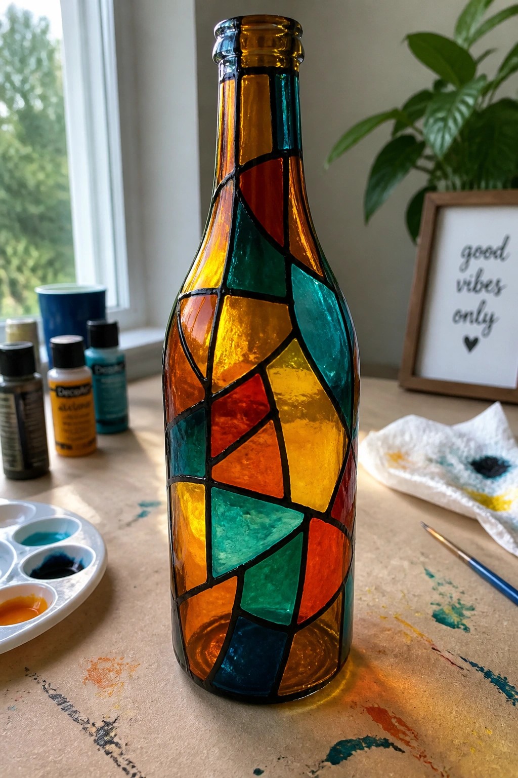 Colorful stained-glass style painted bottle amid paints and supplies on table
