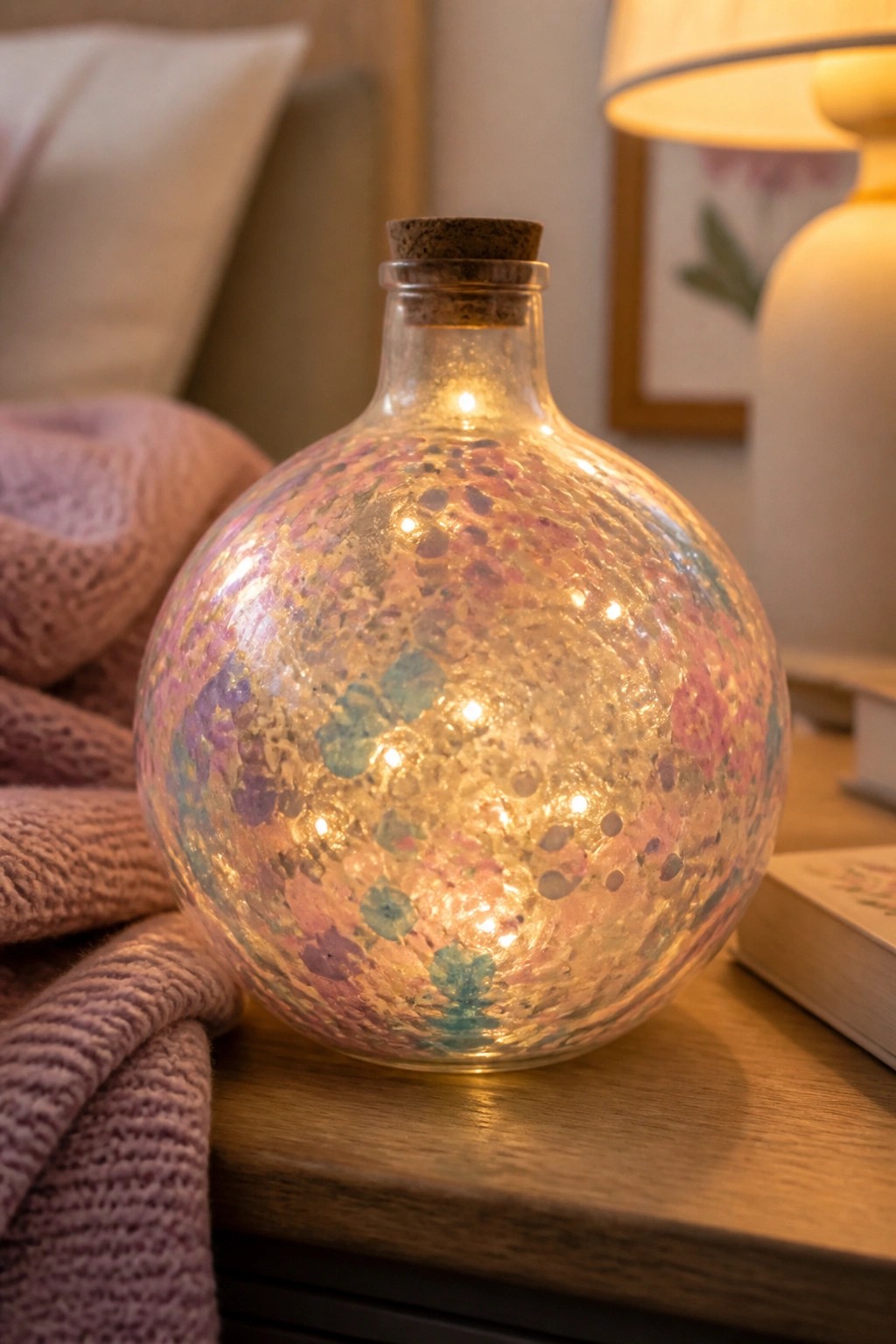Glowing speckled glass bottle with cork on wooden table beside pink knit blanket