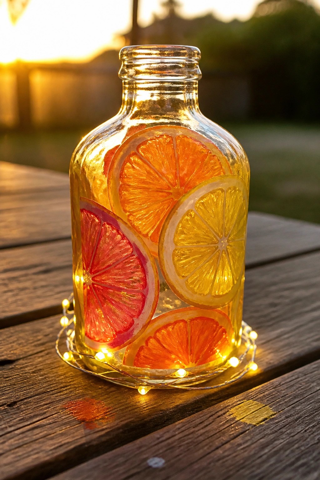 Glass bottle with colorful citrus slices and glowing string lights on wooden table at sunset