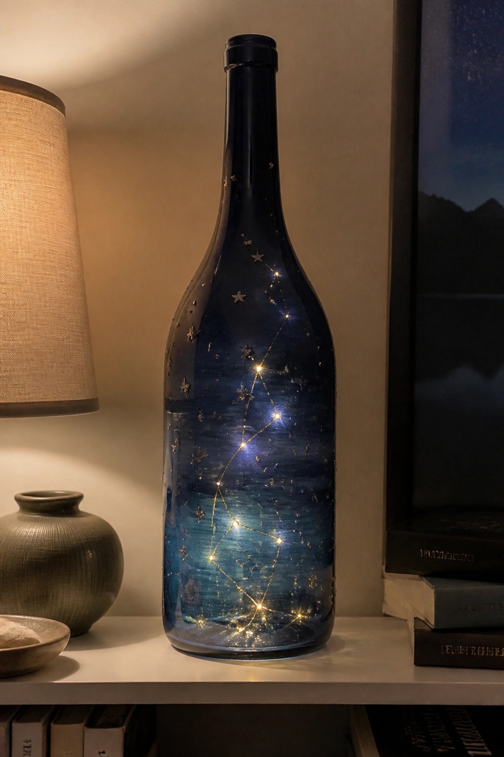 Illuminated dark blue bottle with glowing constellations beside lamp and books.