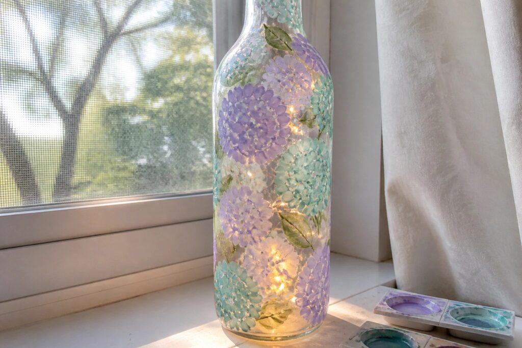 19 Cozy Glass Bottle Painting Ideas That Glow Around Fairy Lights Illuminated glass bottle with hand-painted purple and blue flowers on windowsill