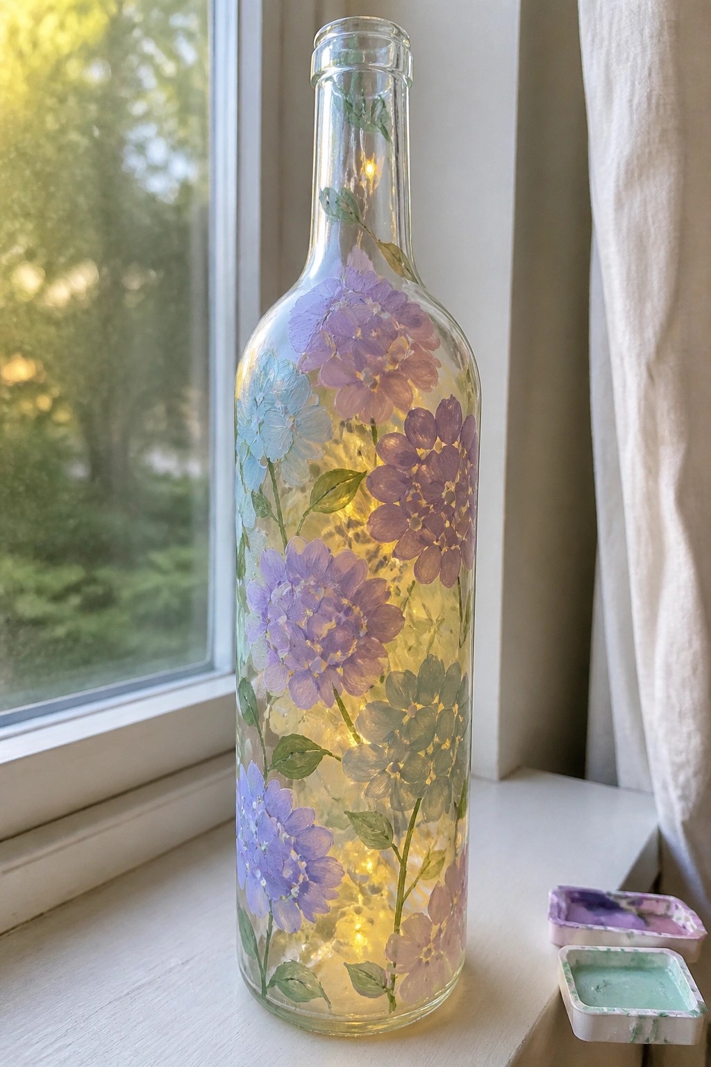Illuminated glass bottle with hand-painted purple and blue flowers on windowsill