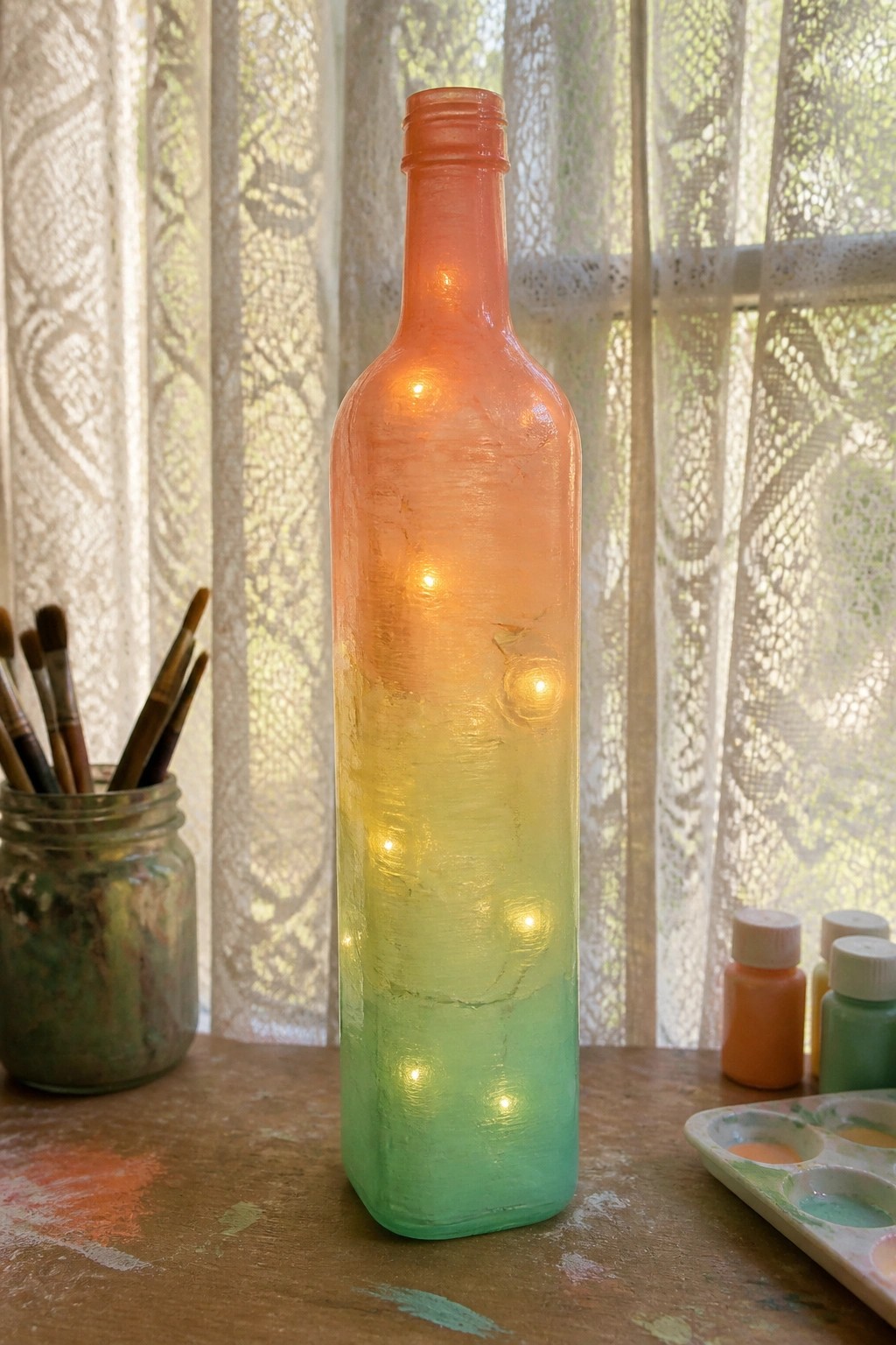 Illuminated gradient bottle painted orange to green with glowing string lights on wooden table
