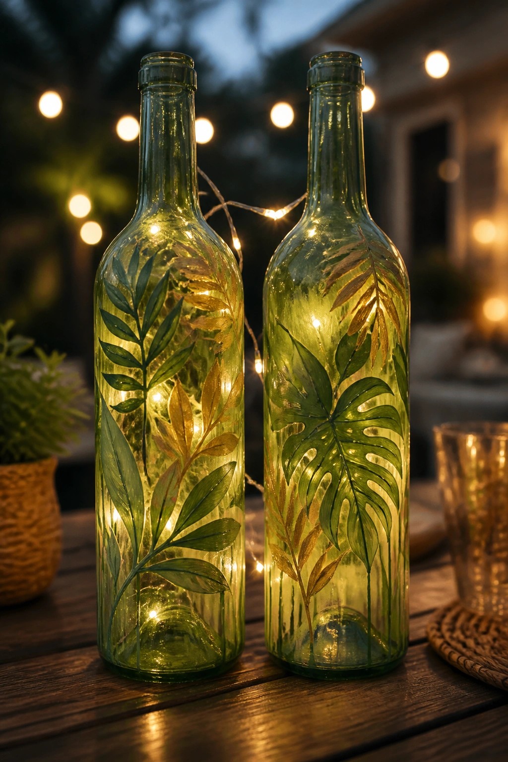Two green glass bottles with leaf paintings glowing from string lights on wooden table