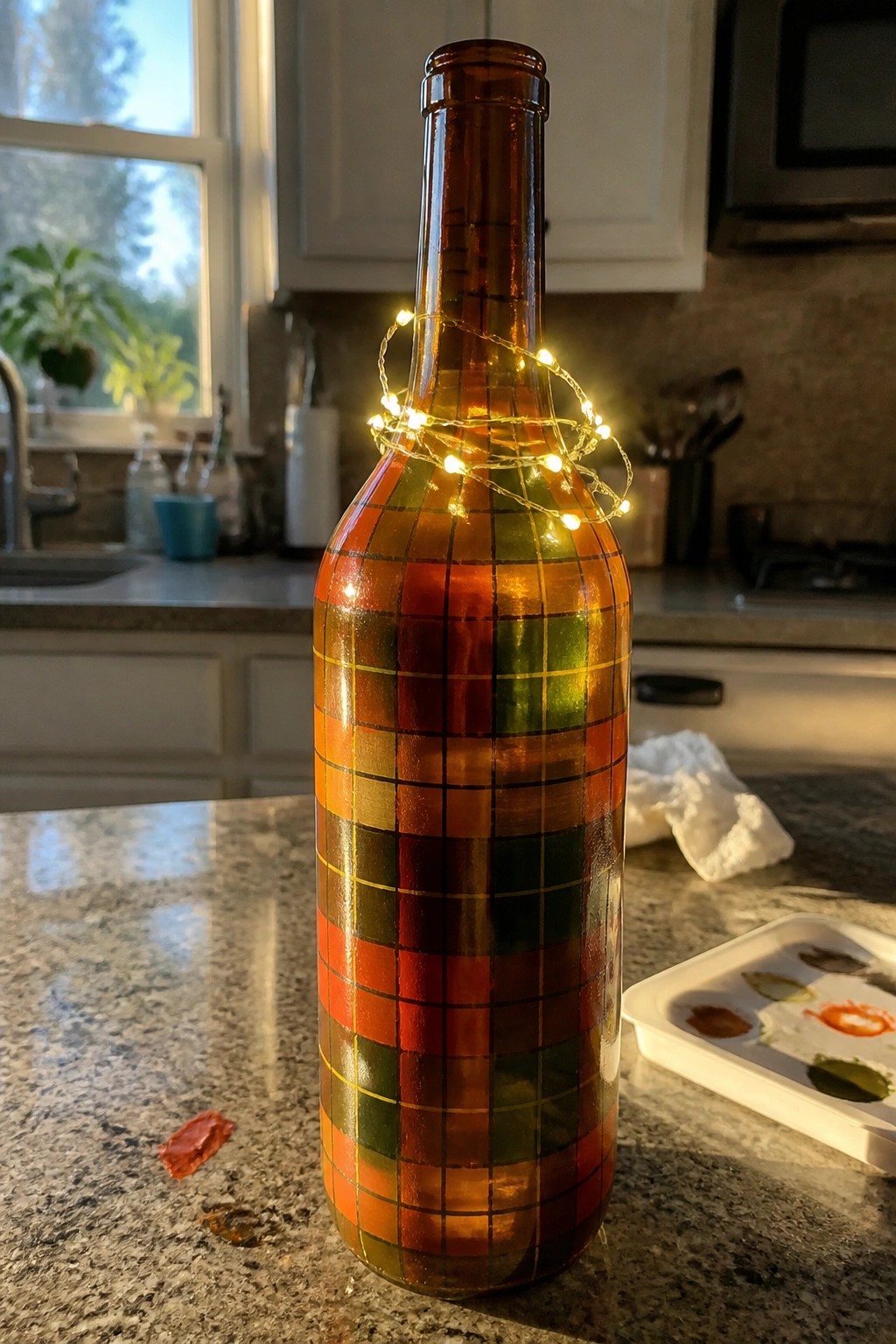 Amber glass bottle with colorful plaid pattern wrapped in glowing string lights