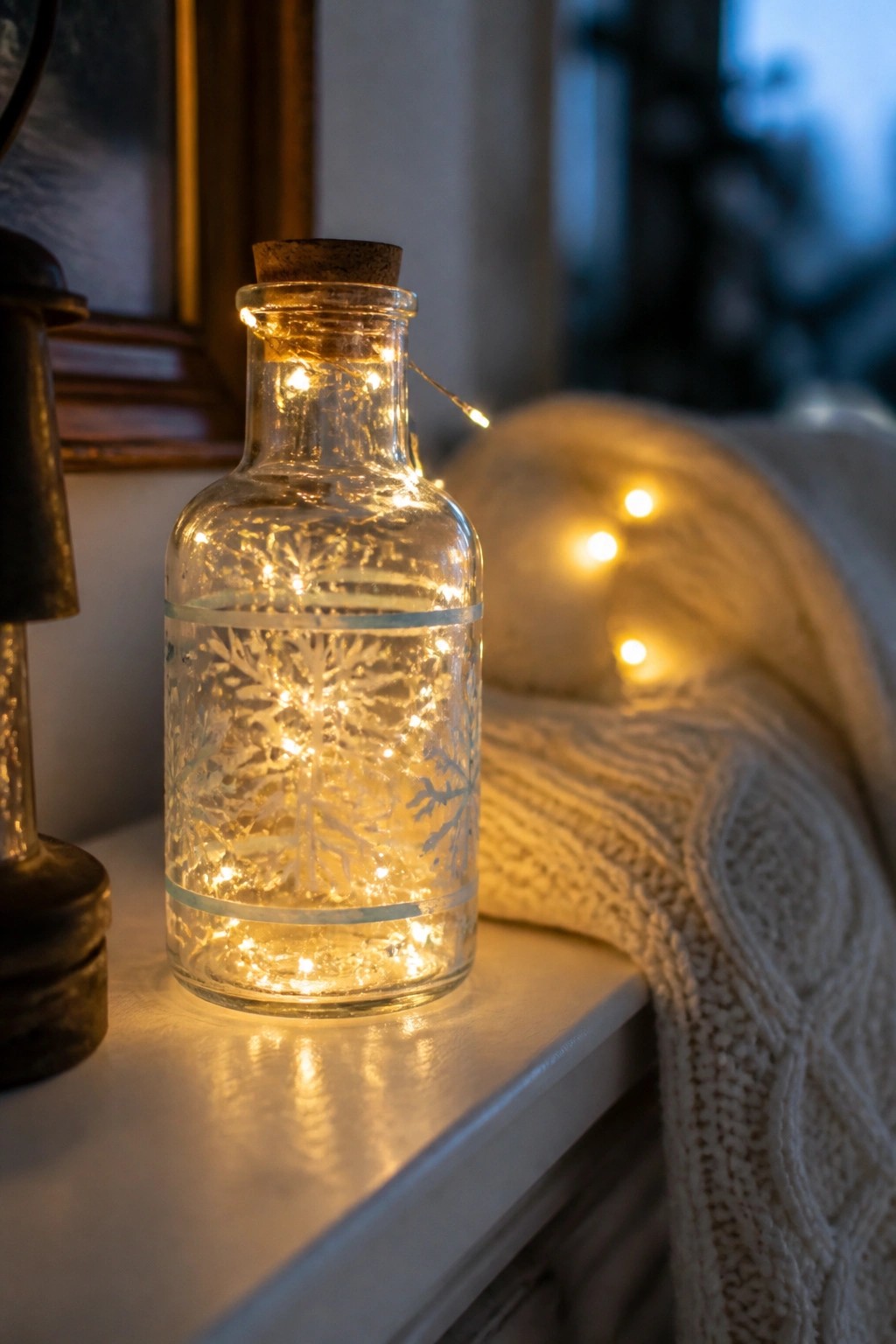 Glass bottle with snowflake designs holding glowing fairy lights beside a knit blanket.