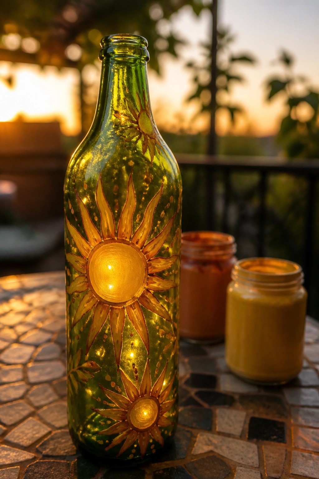 Illuminated green bottle with golden sun designs beside paint jars on mosaic table at sunset