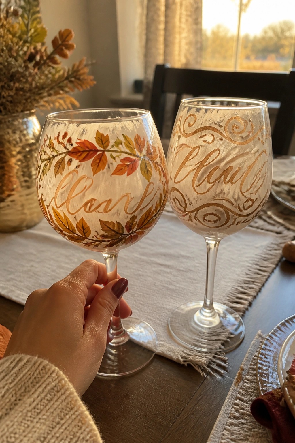 Hand holding autumn leaf-decorated wine glass with