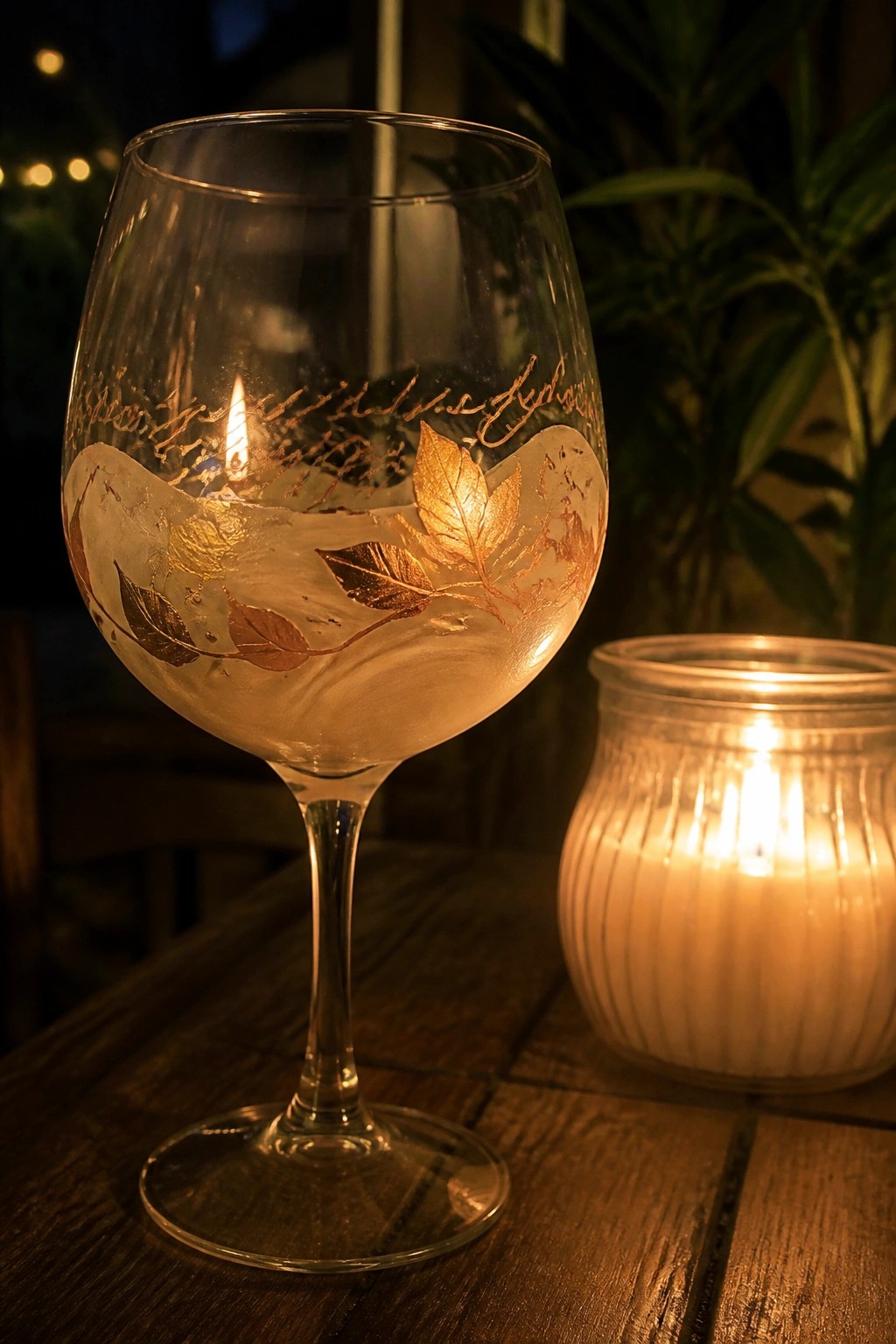 Glowing etched wine glass with gold leaves beside lit candle on wooden table.