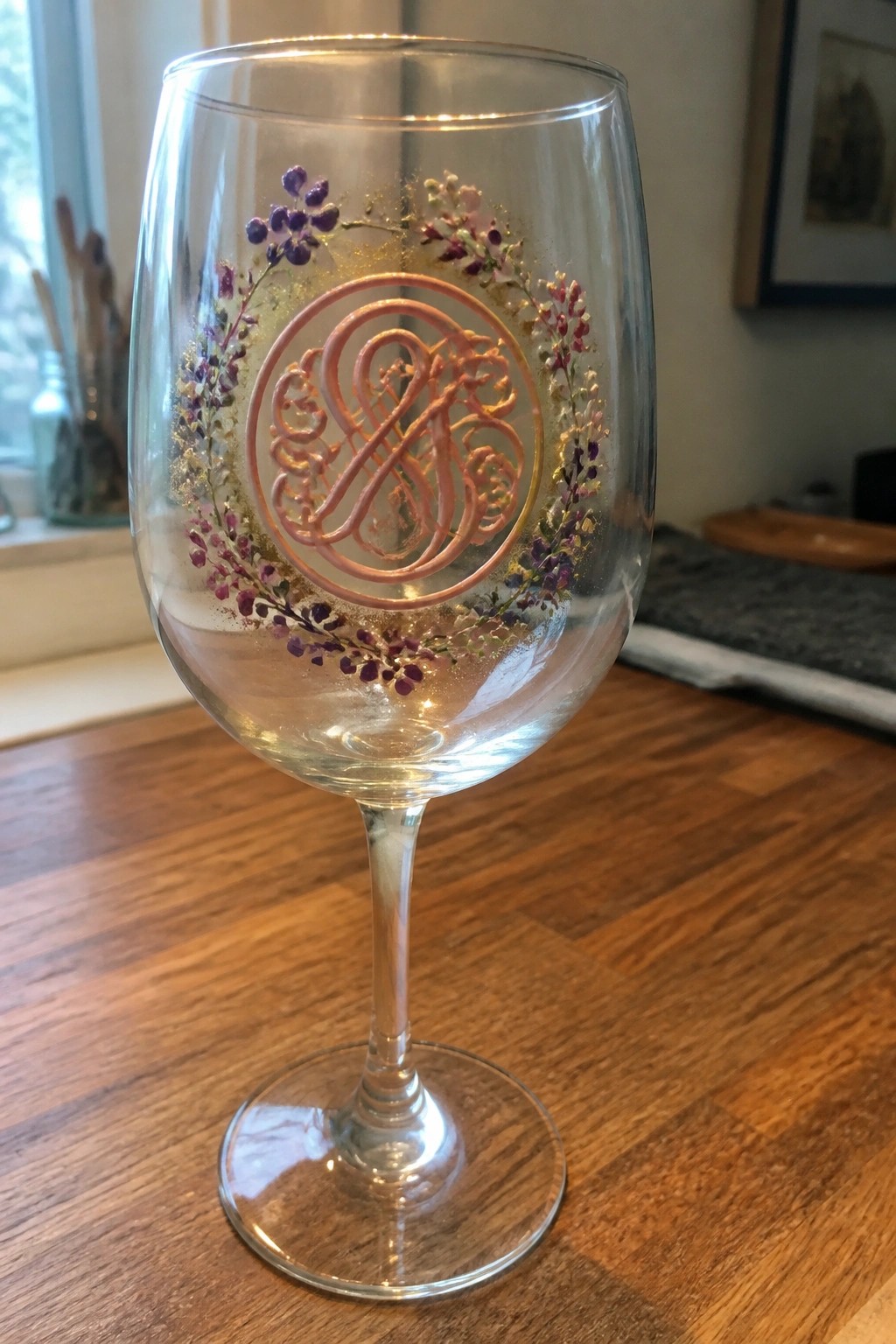 Clear wine glass with purple floral wreath, gold glitter, and rose-gold monogram on wood table