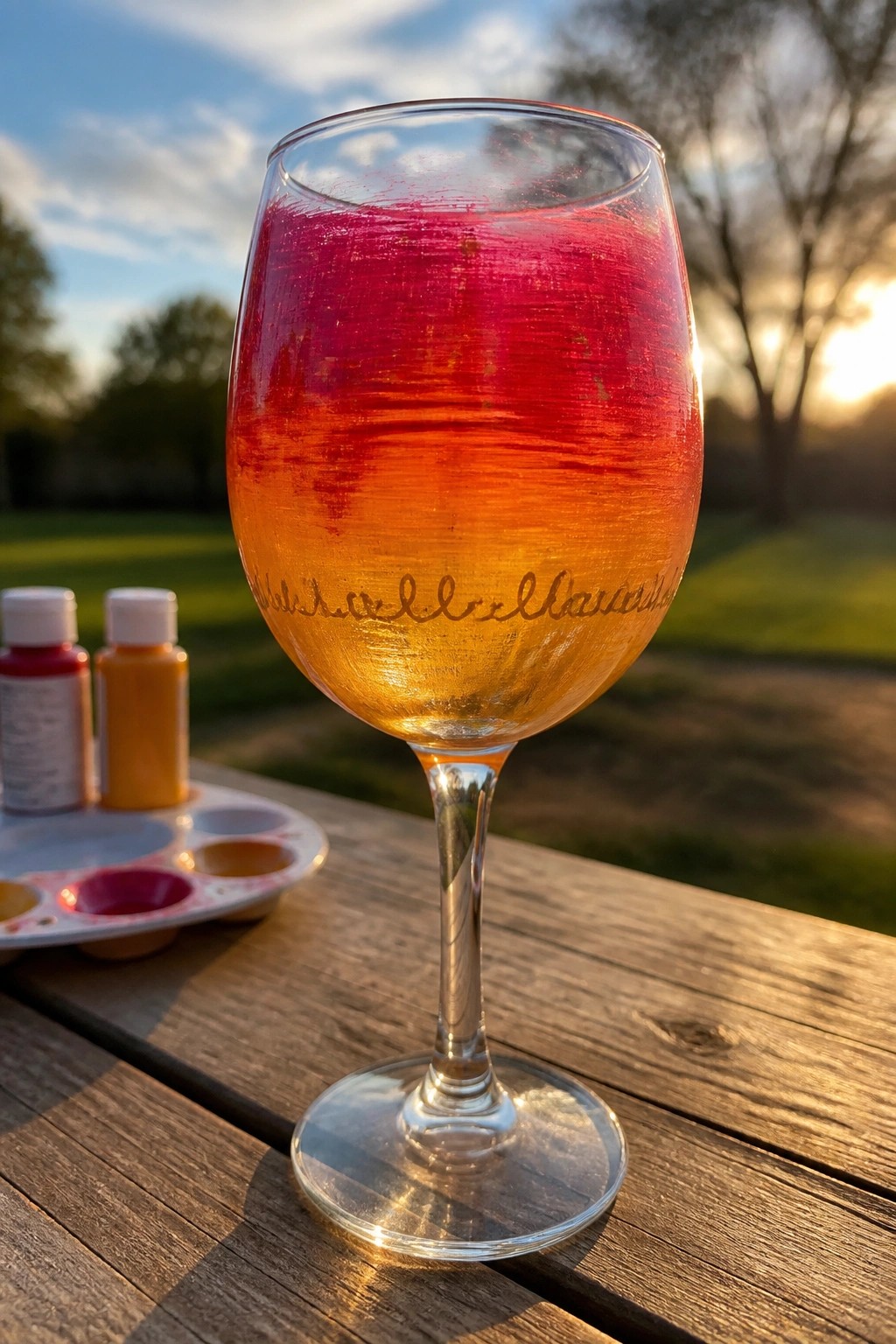 A wine glass with red-to-orange gradient paint and cursive Thankful lettering sits on a wooden table beside paint bottles and a palette.