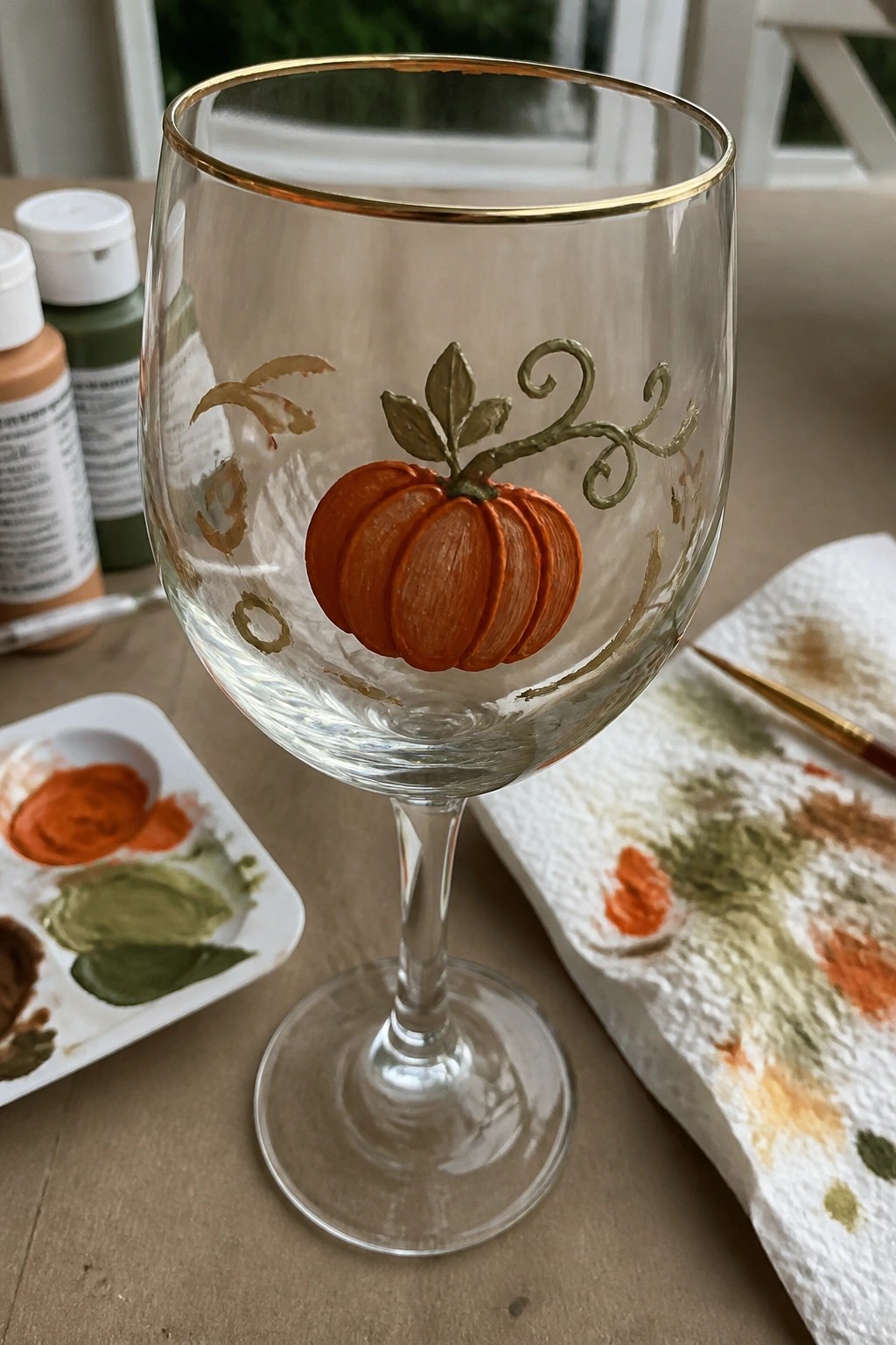 Painted wine glass with orange pumpkin, green stem, gold swirls amid paint supplies.