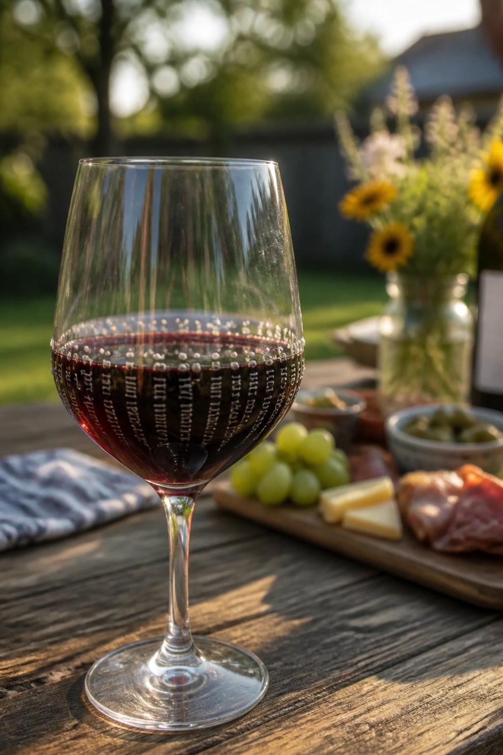 Etched glass of red wine on wooden table with charcuterie board, grapes, and flowers outdoors